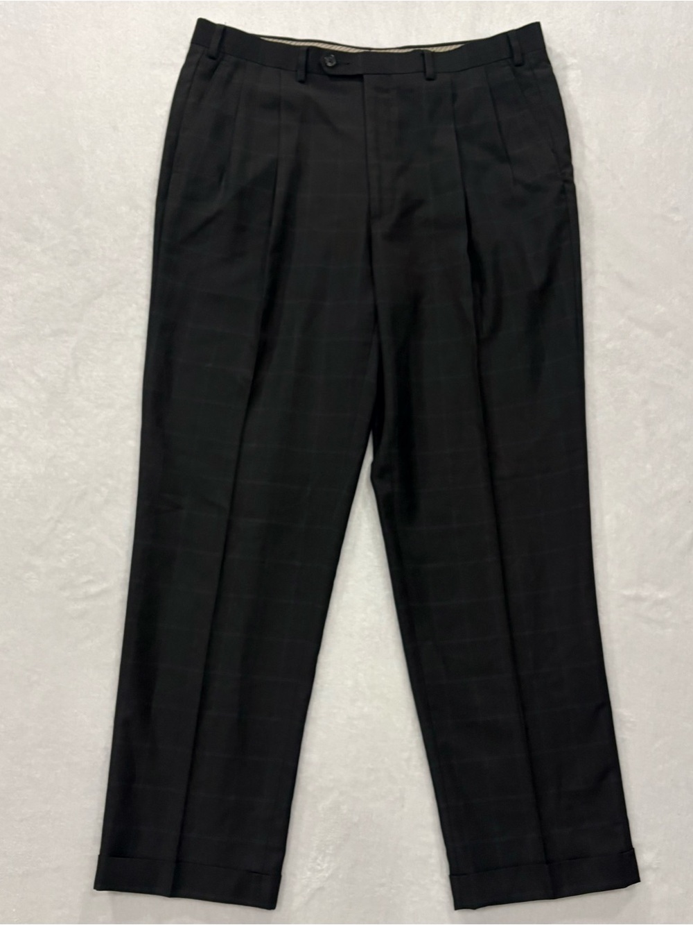 Lauren Ralph Lauren Dark Gray Windowpane Check Pleated Pants Mens Size 36 x 32